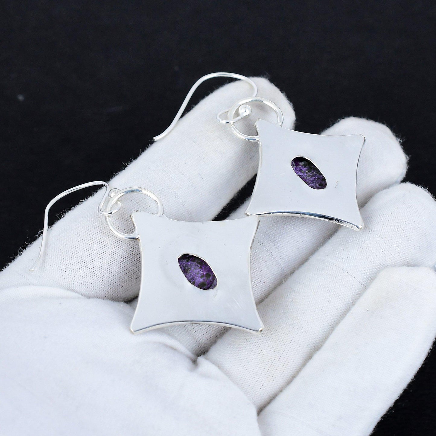 Purple Purpurite Gemstone Silver Dangle Earrings