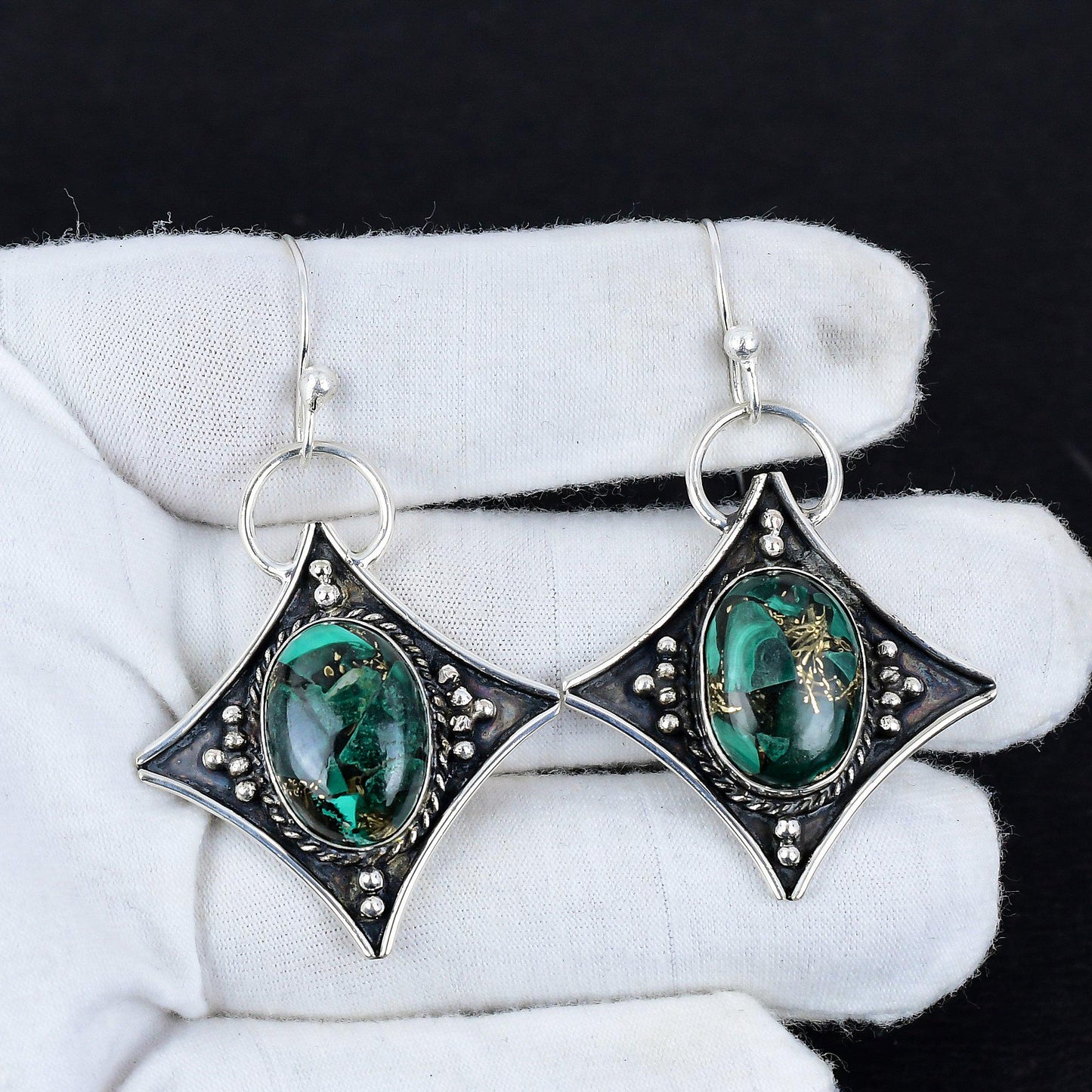 Green Malachite Gemstone Dangle Earrings