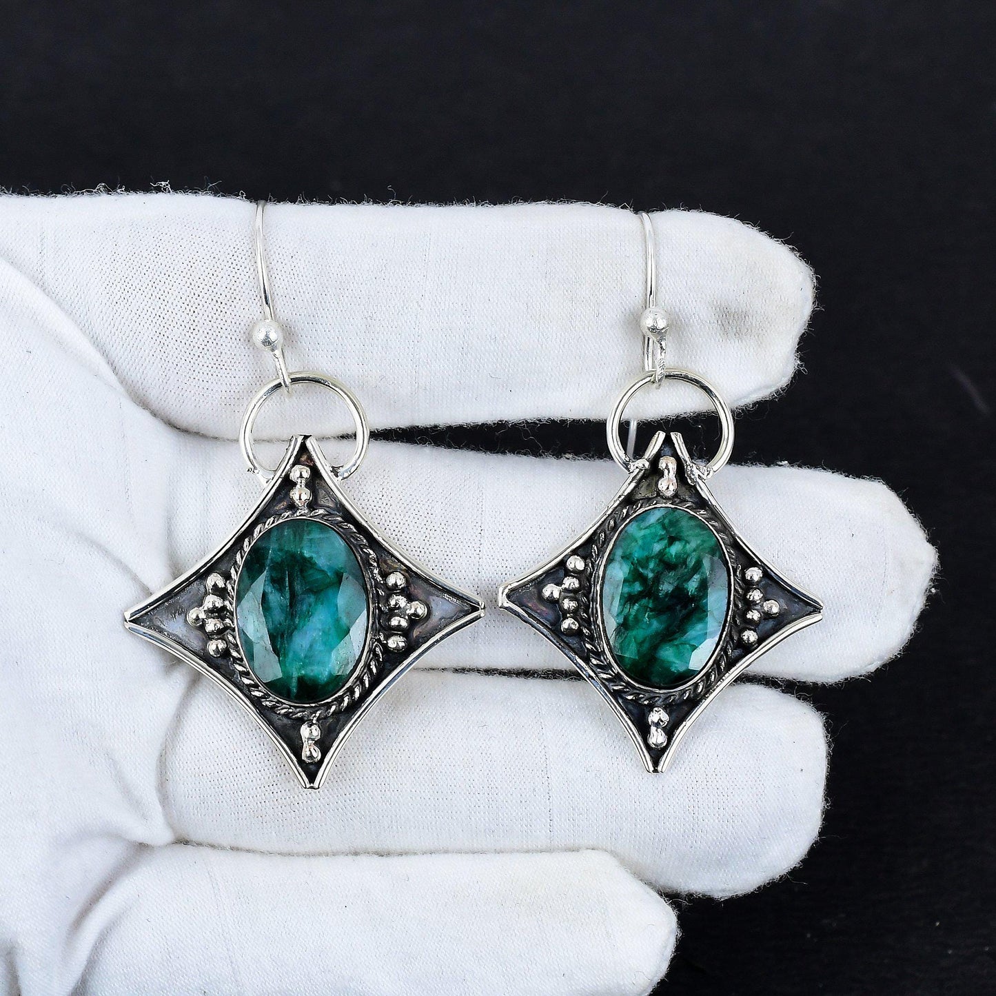 Emerald Green Gemstone Silver Dangle Earrings