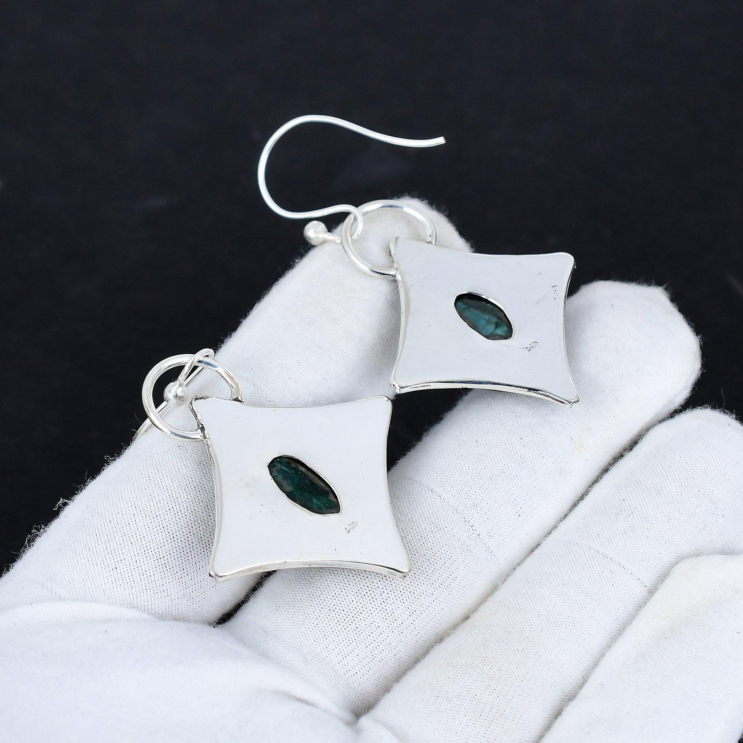 Emerald Green Gemstone Silver Dangle Earrings