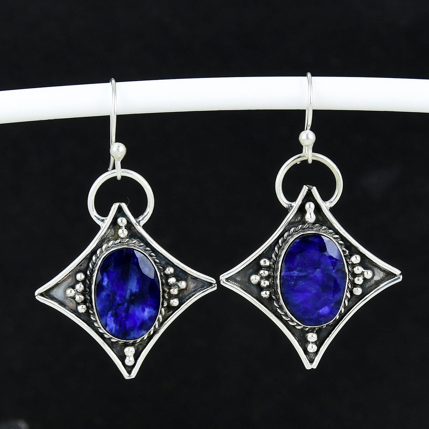 Blue Sapphire Gemstone Silver Dangle Earrings