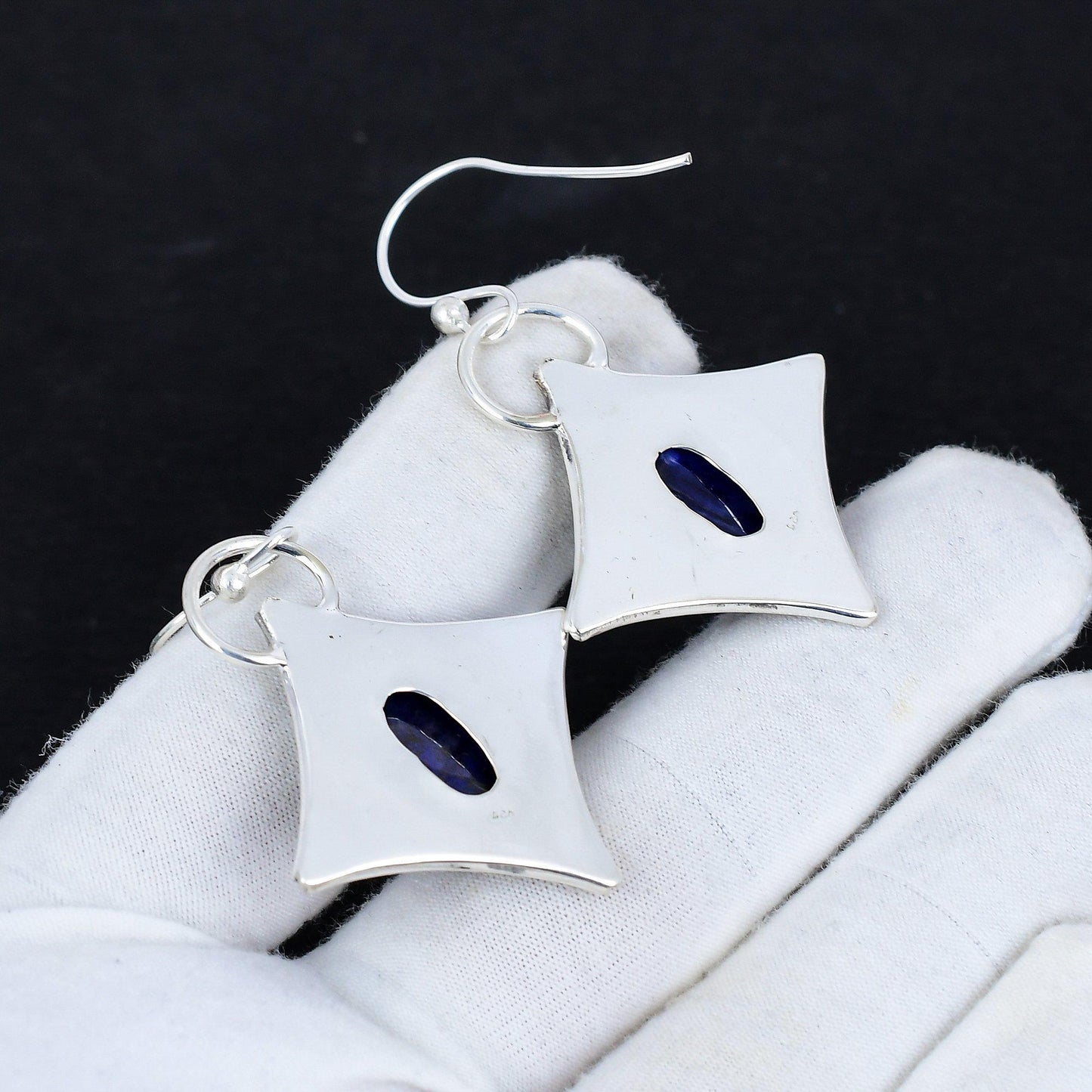 Blue Sapphire Gemstone Silver Dangle Earrings