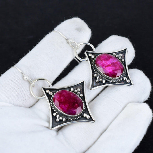 Red Ruby Gemstone Silver Dangle Earrings