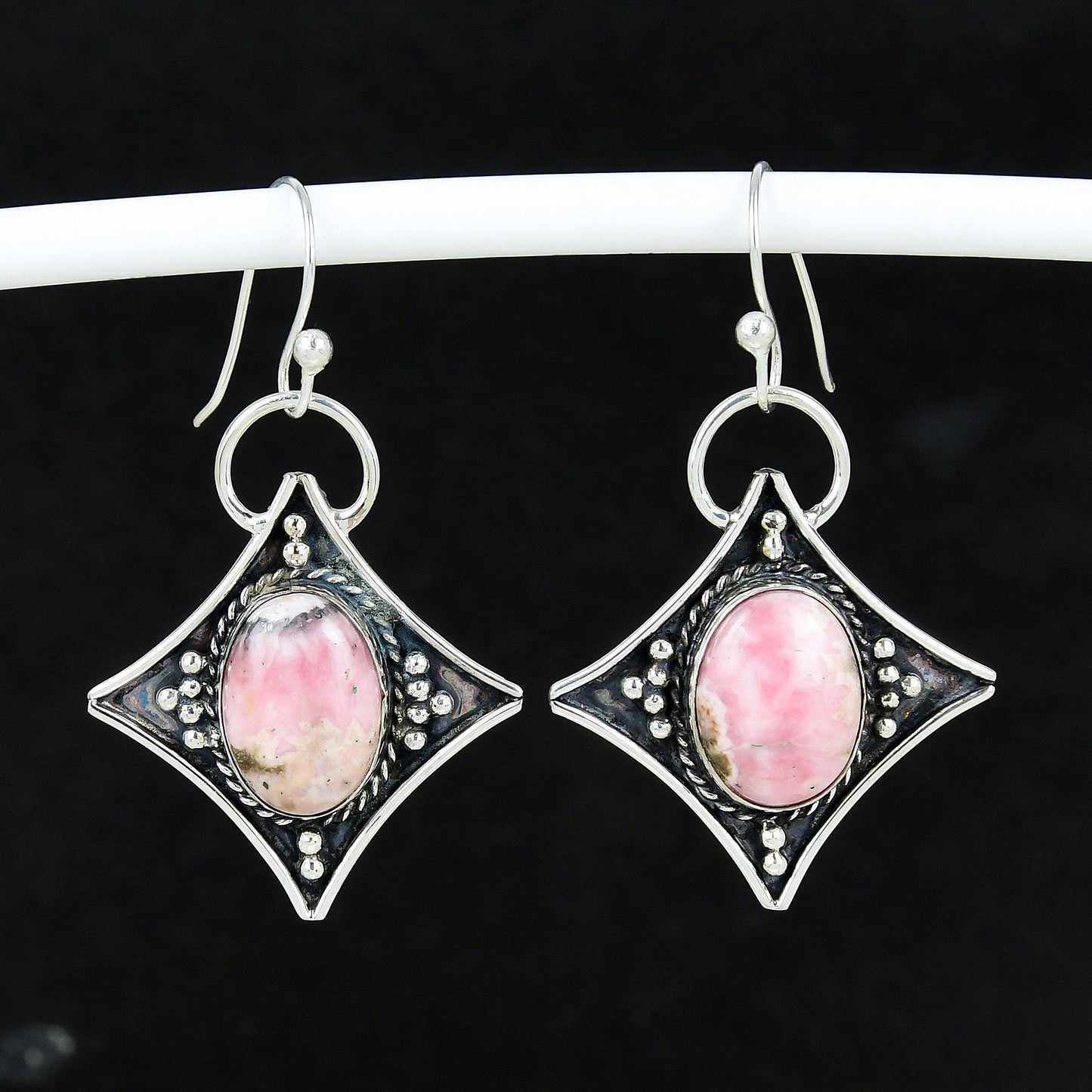 Pink Rhodochrosite Gemstone Dangle Earrings