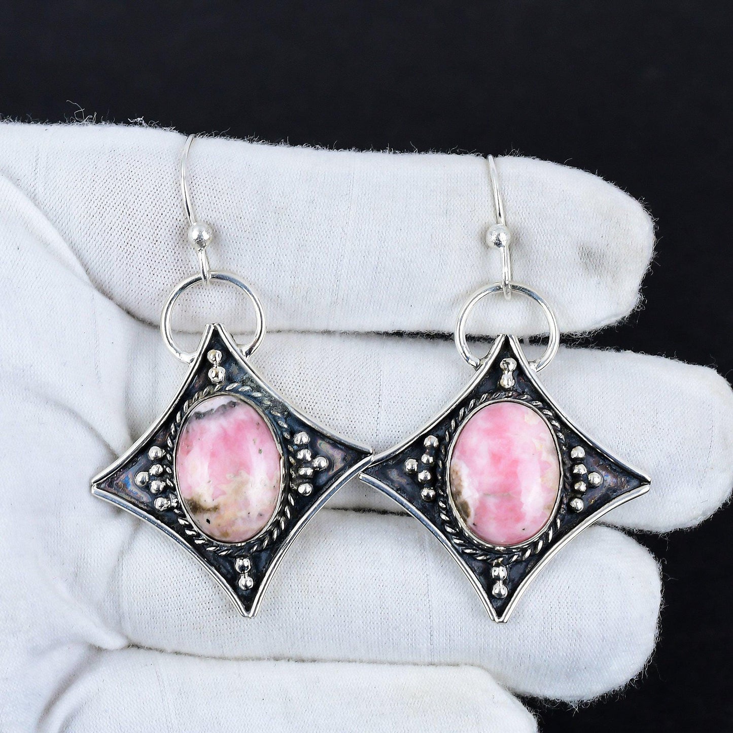 Pink Rhodochrosite Gemstone Dangle Earrings
