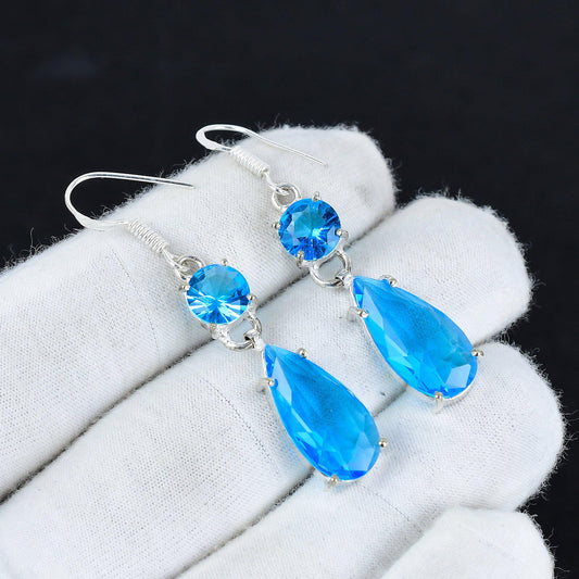 Blue Topaz Gemstone Sterling Silver Dangle Earrings