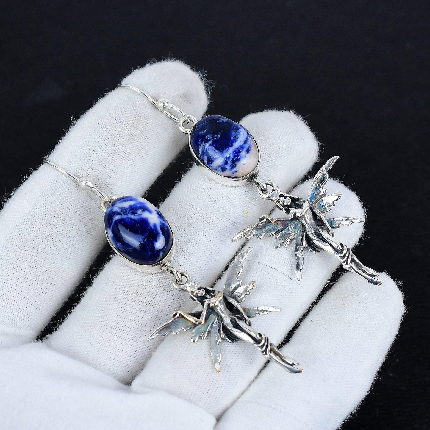 Blue Sodalite Gemstone Silver Earrings