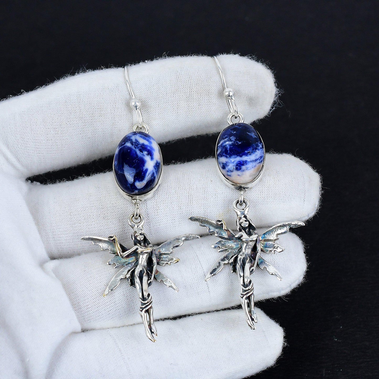 Blue Sodalite Gemstone Silver Earrings