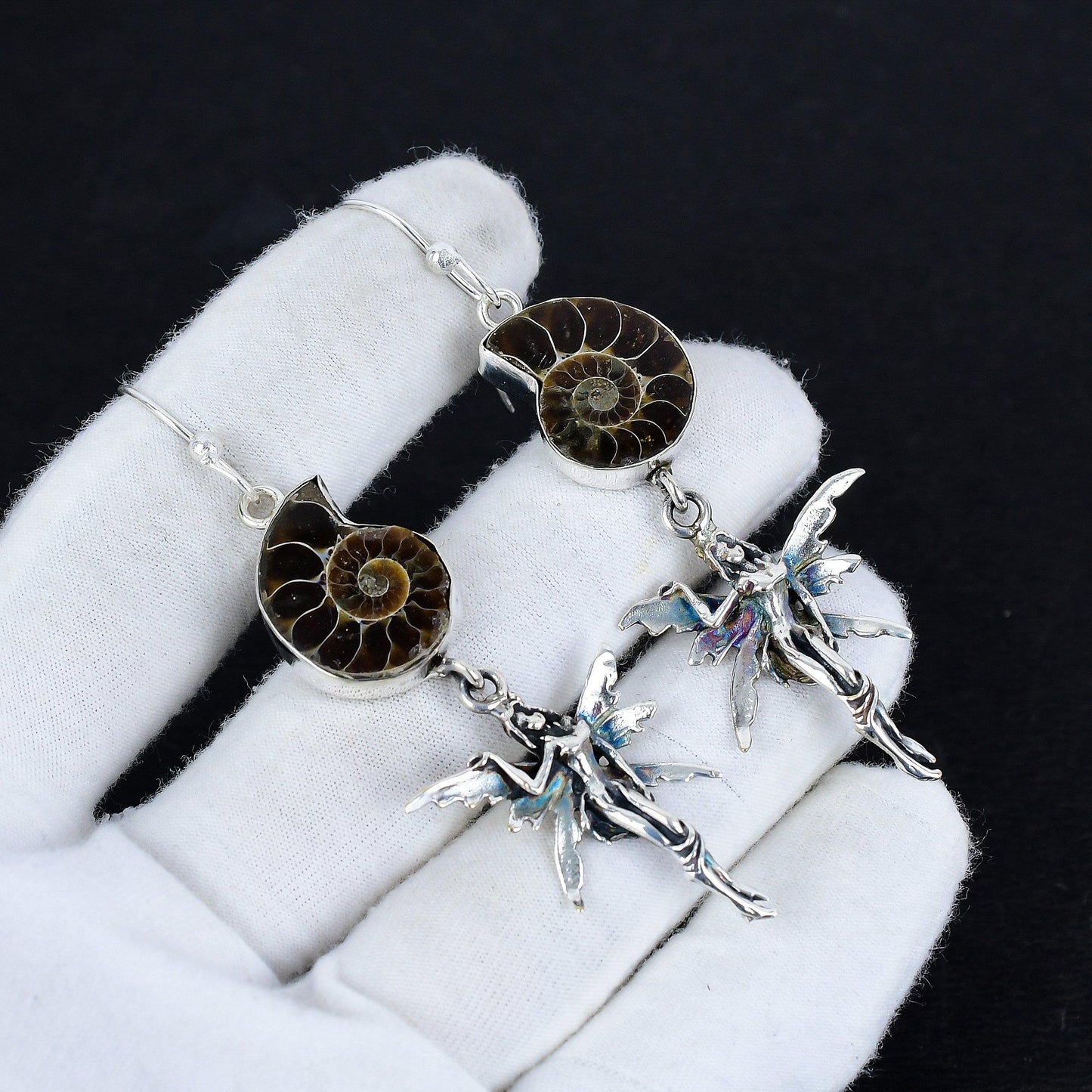 Brown Ammonite Gemstone Silver Earrings