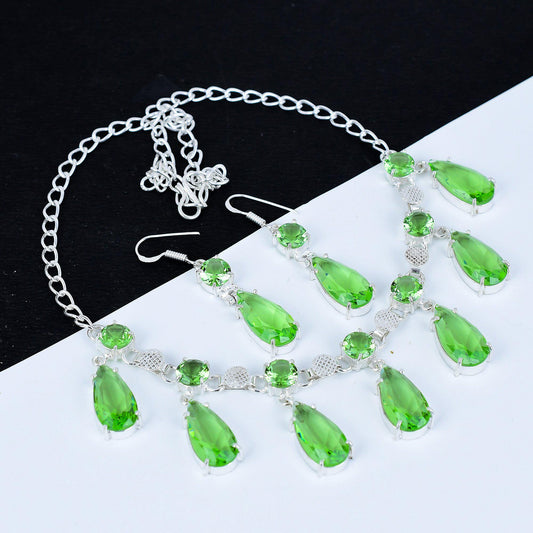 Green Peridot Gemstone Necklace & Earrings Set
