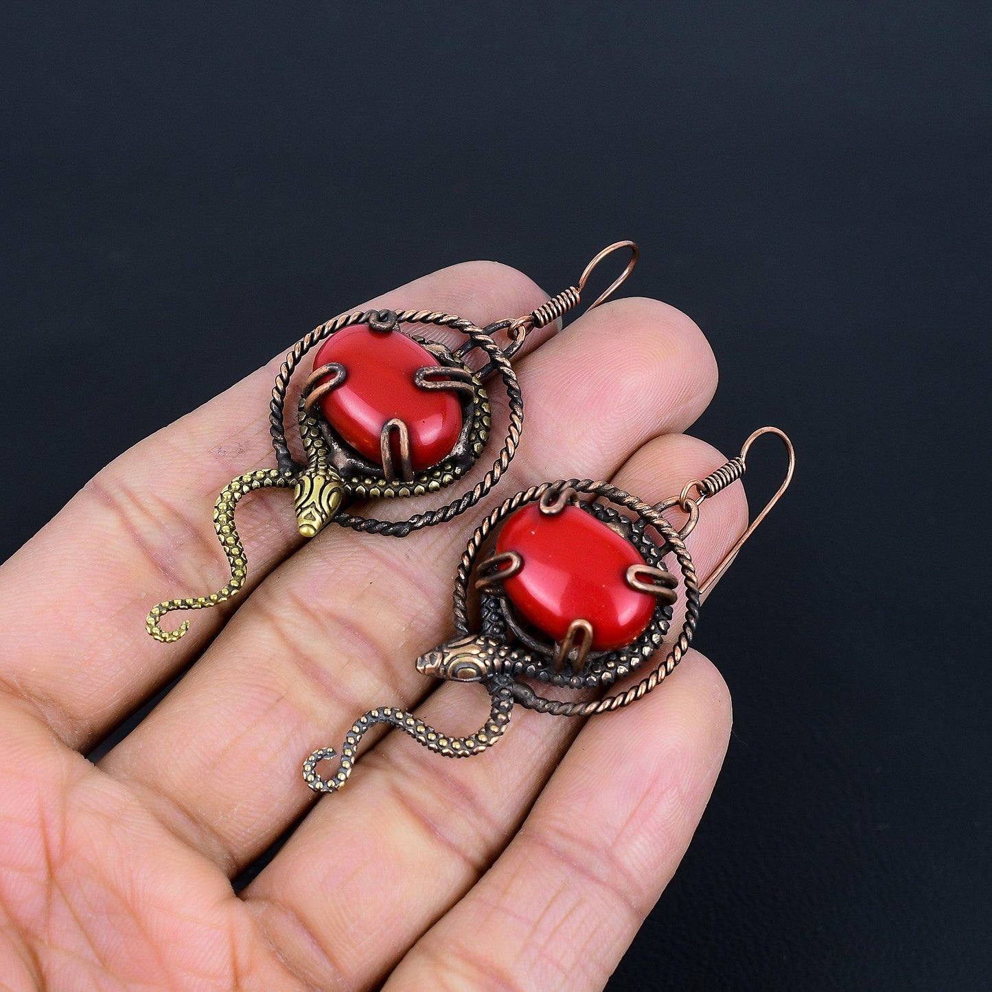 Red Coral Gemstone Copper Wire Earrings