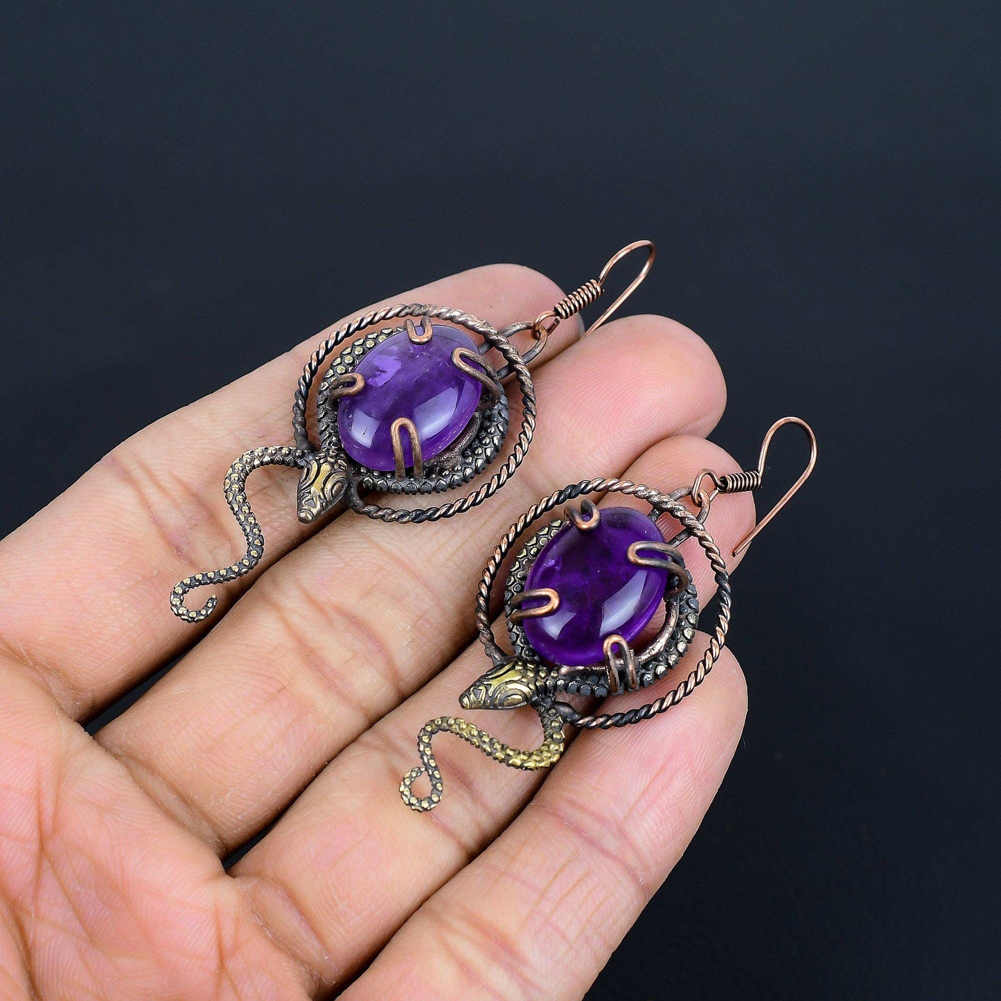 Purple Amethyst Gemstone Copper Dangle Earrings