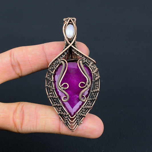 Red Ruby & White Moonstone Copper Gemstone Pendant