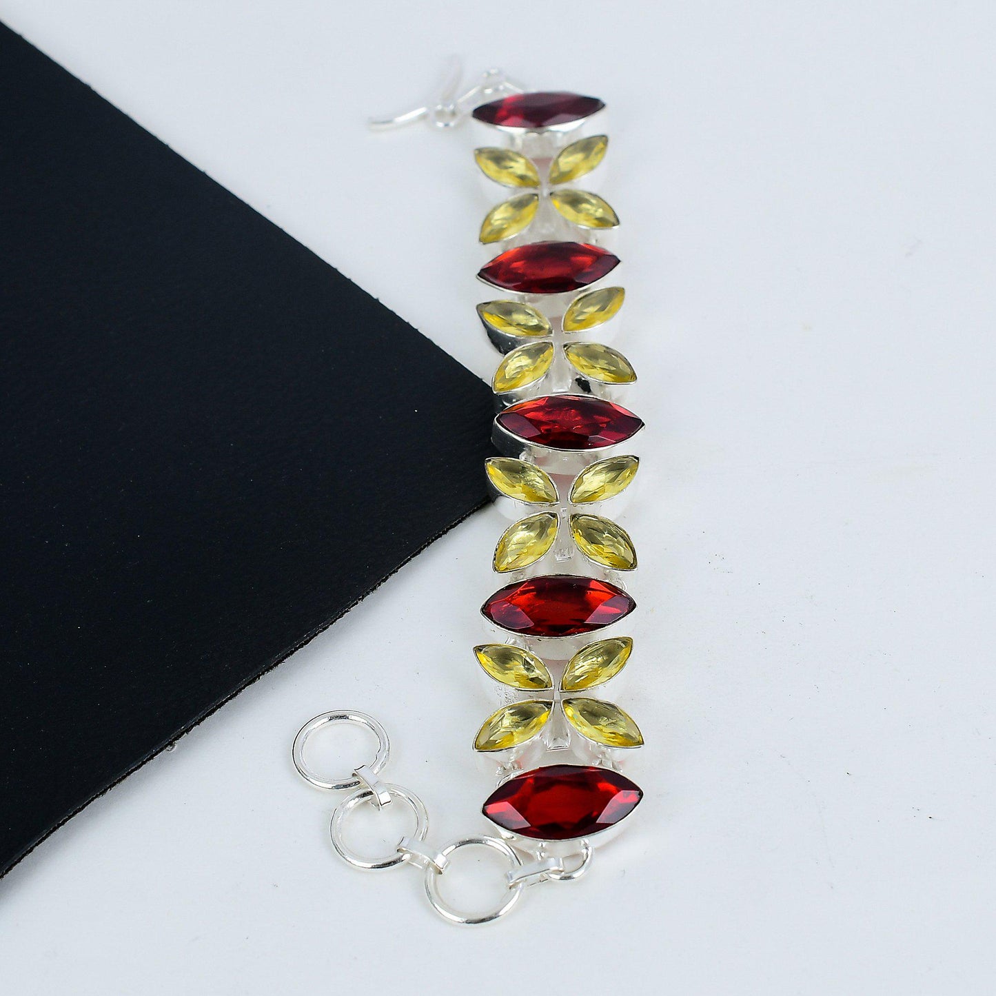 Red Garnet & Citrine Gemstone Silver Bracelet