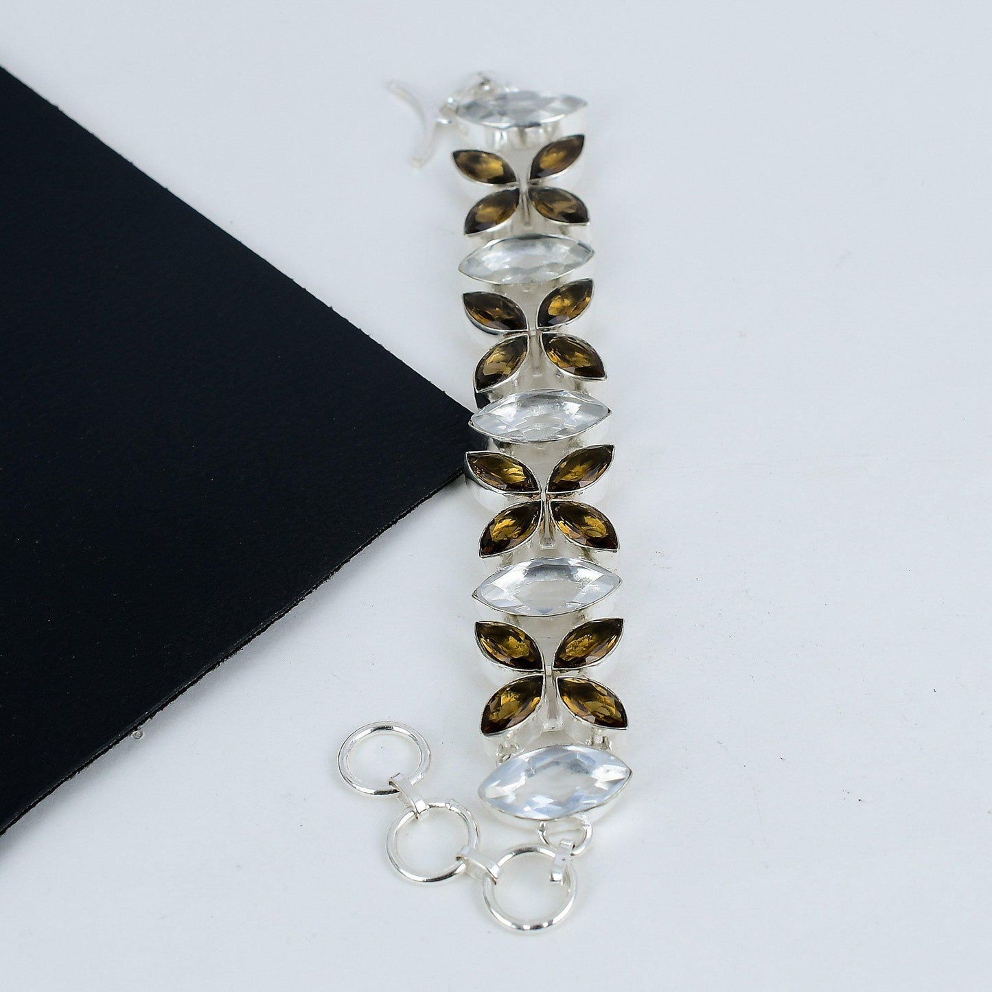 White & Smoky Topaz Gemstone Sterling Silver Bracelet