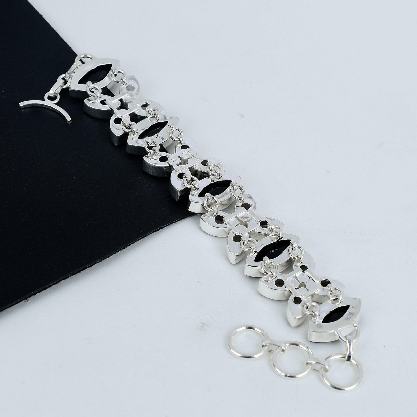Black Spinel and White Topaz Gemstone Sterling Silver Bracelet