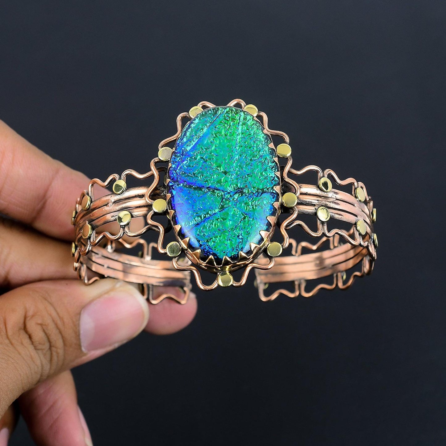 Multicolor Australian Triplet Opal Gemstone Copper Cuff Bracelet