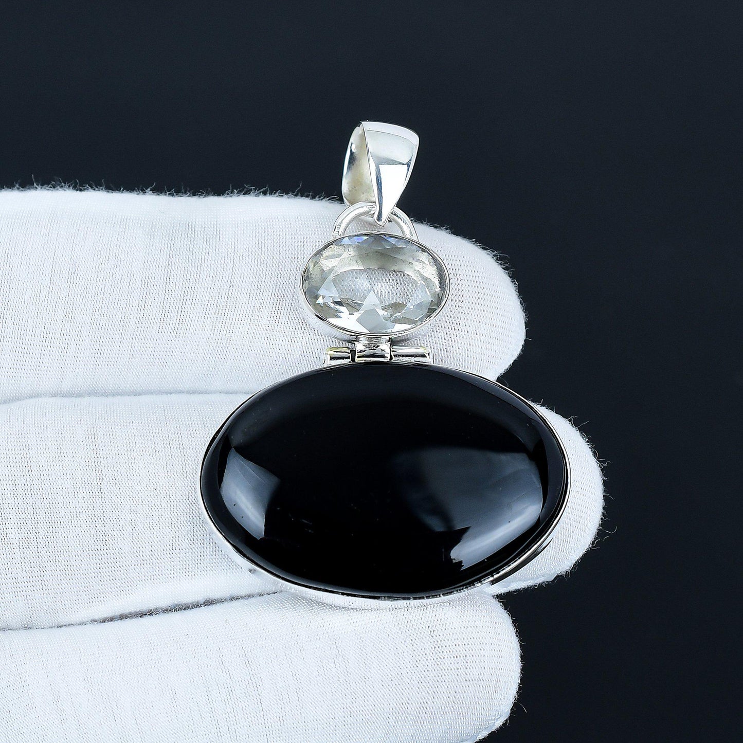 Black Onyx & White Topaz Silver Pendant