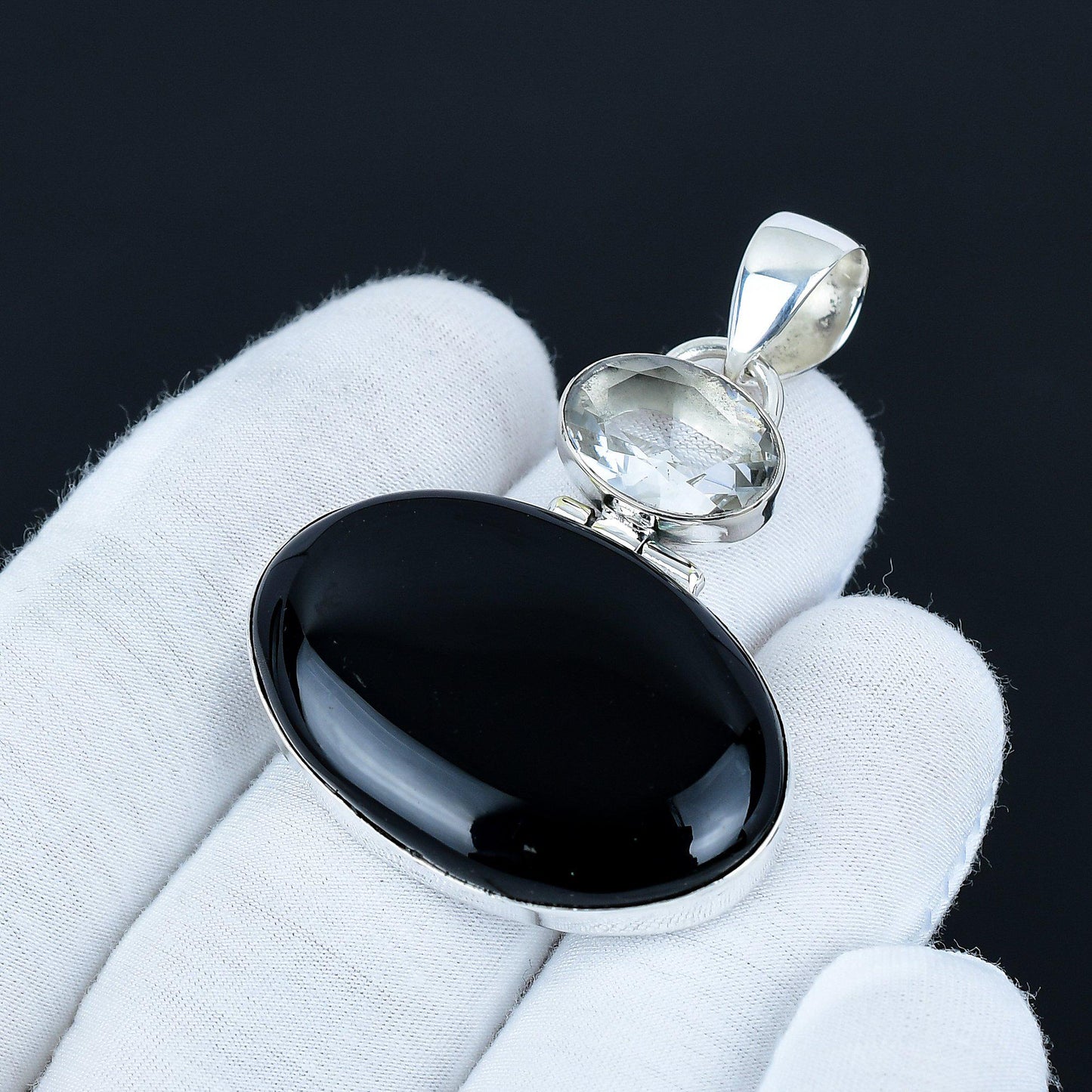 Black Onyx & White Topaz Silver Pendant