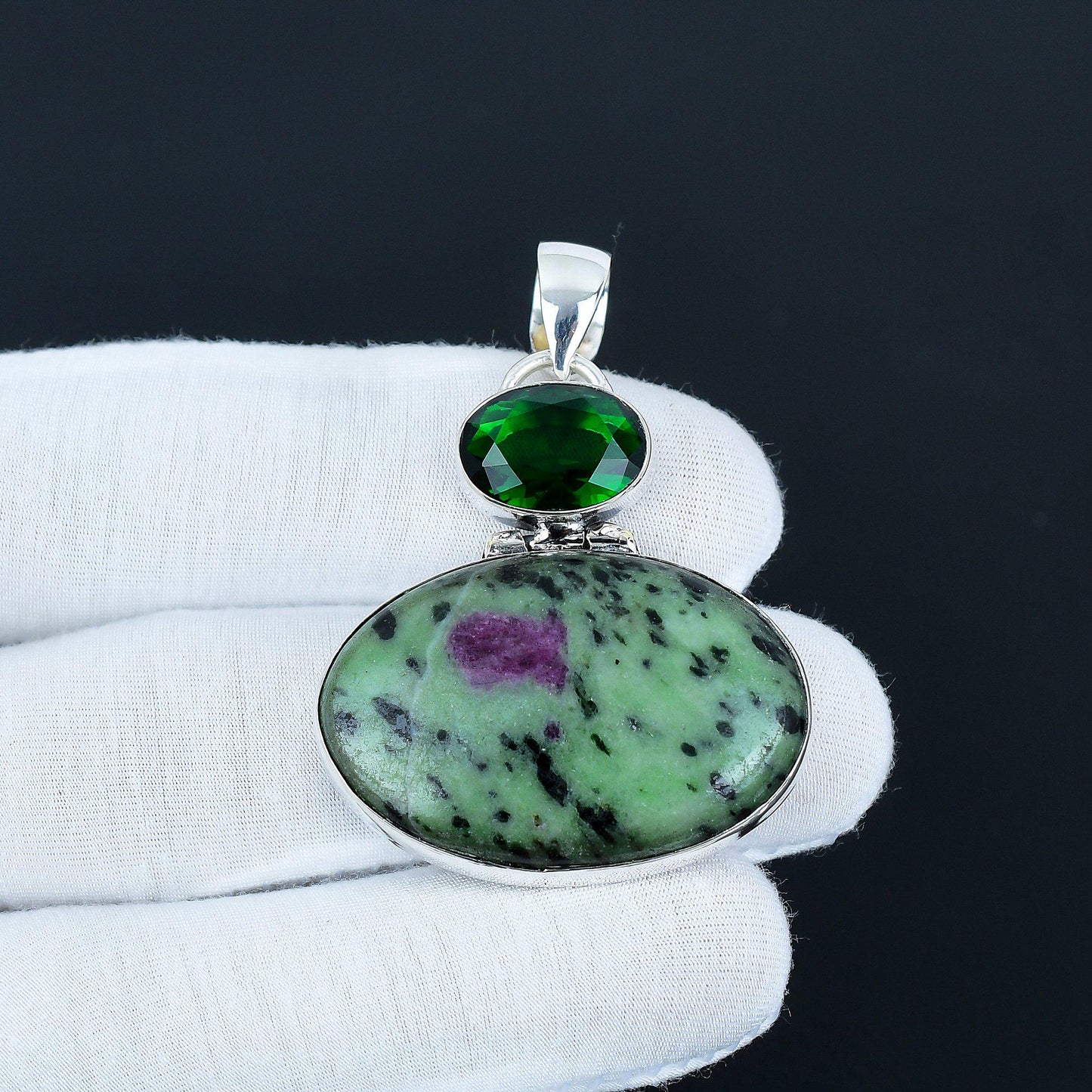 Green Ruby Zoisite & Tourmaline Pendant