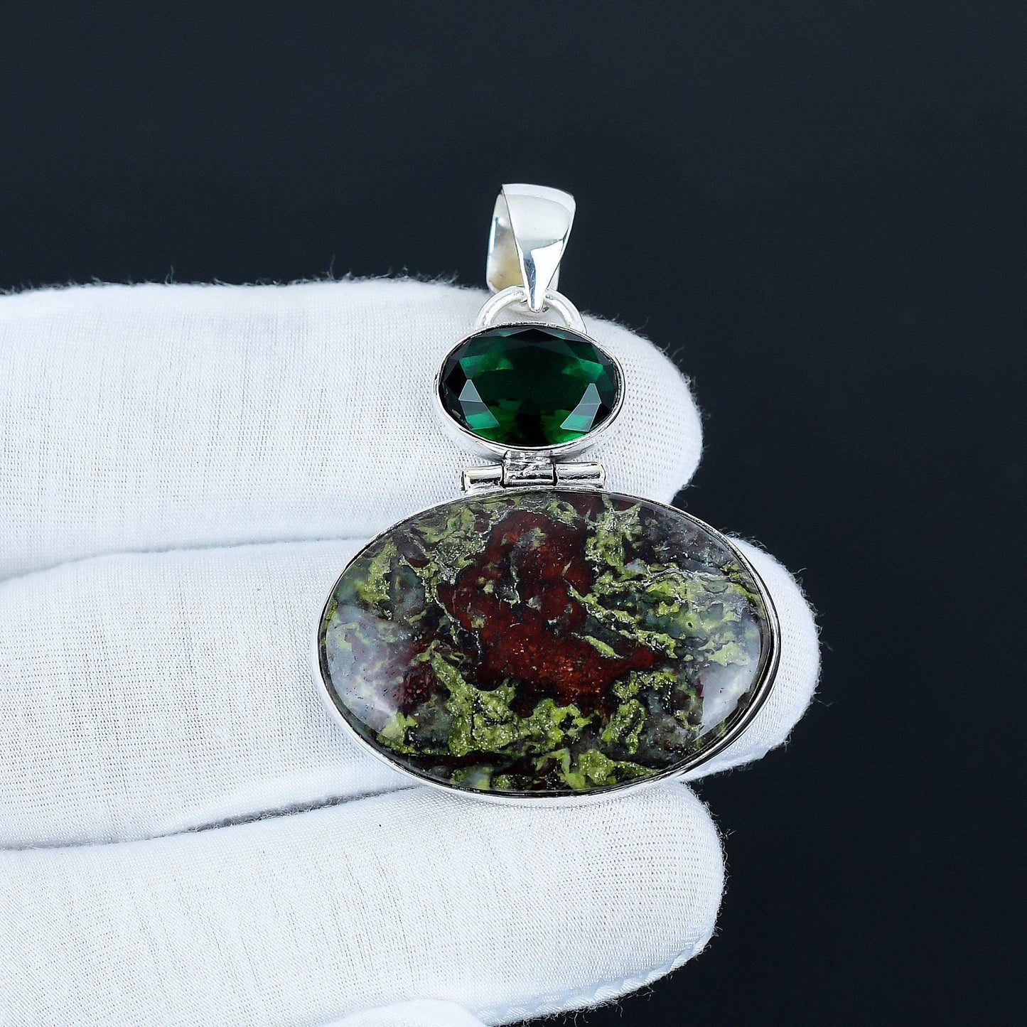 Dragonblood & Green Tourmaline Silver Pendant