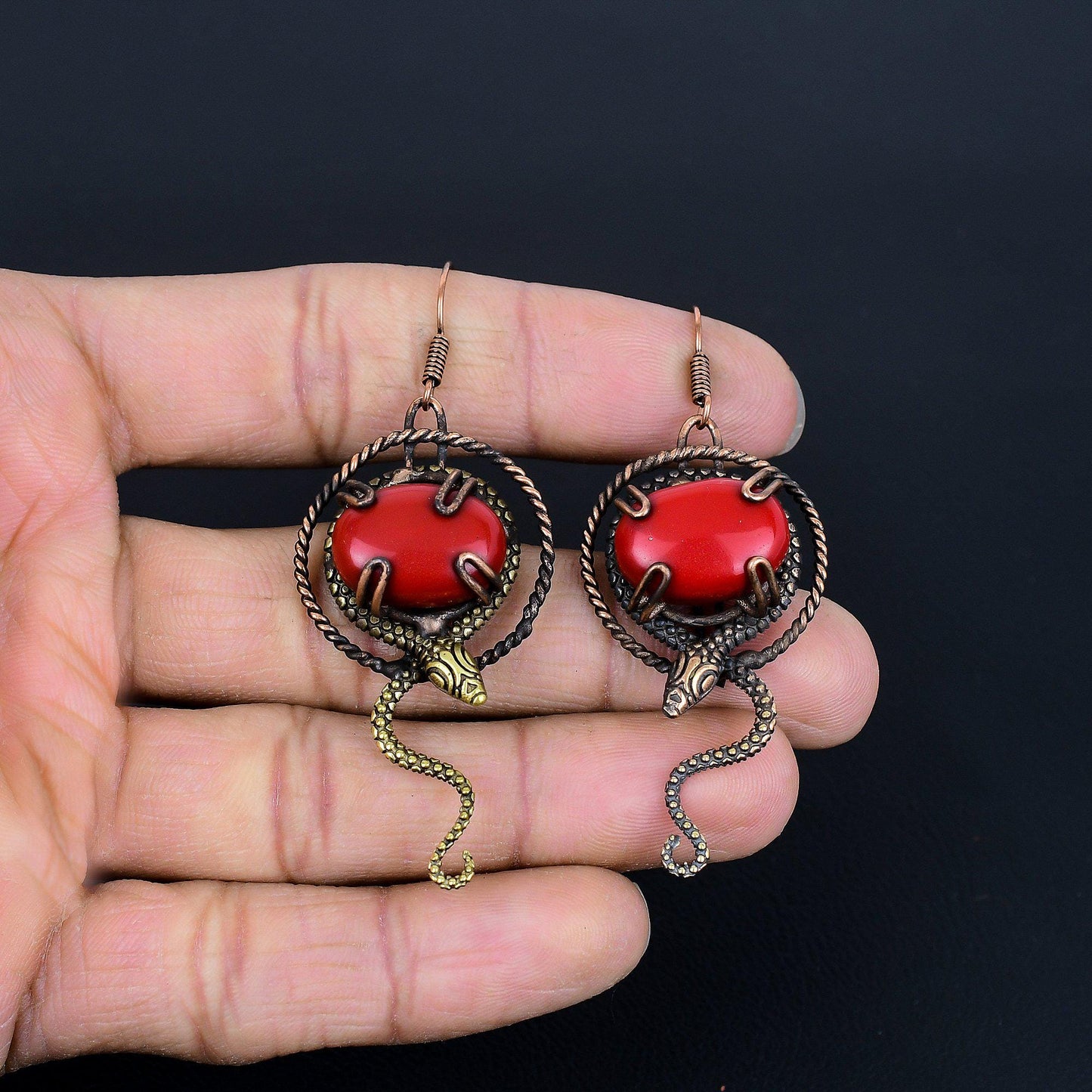 Red Coral Gemstone Copper Wire Earrings