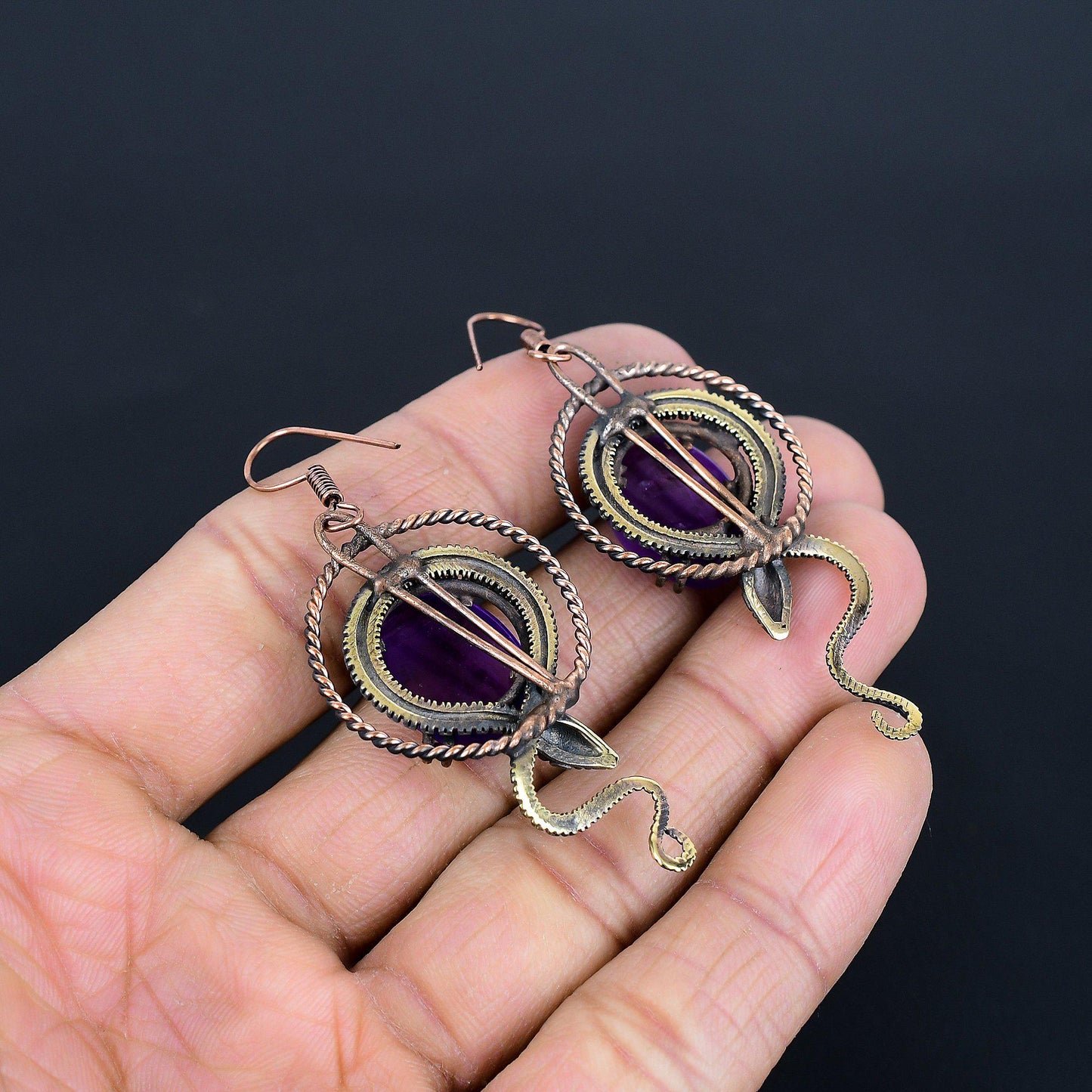 Purple Amethyst Gemstone Copper Dangle Earrings