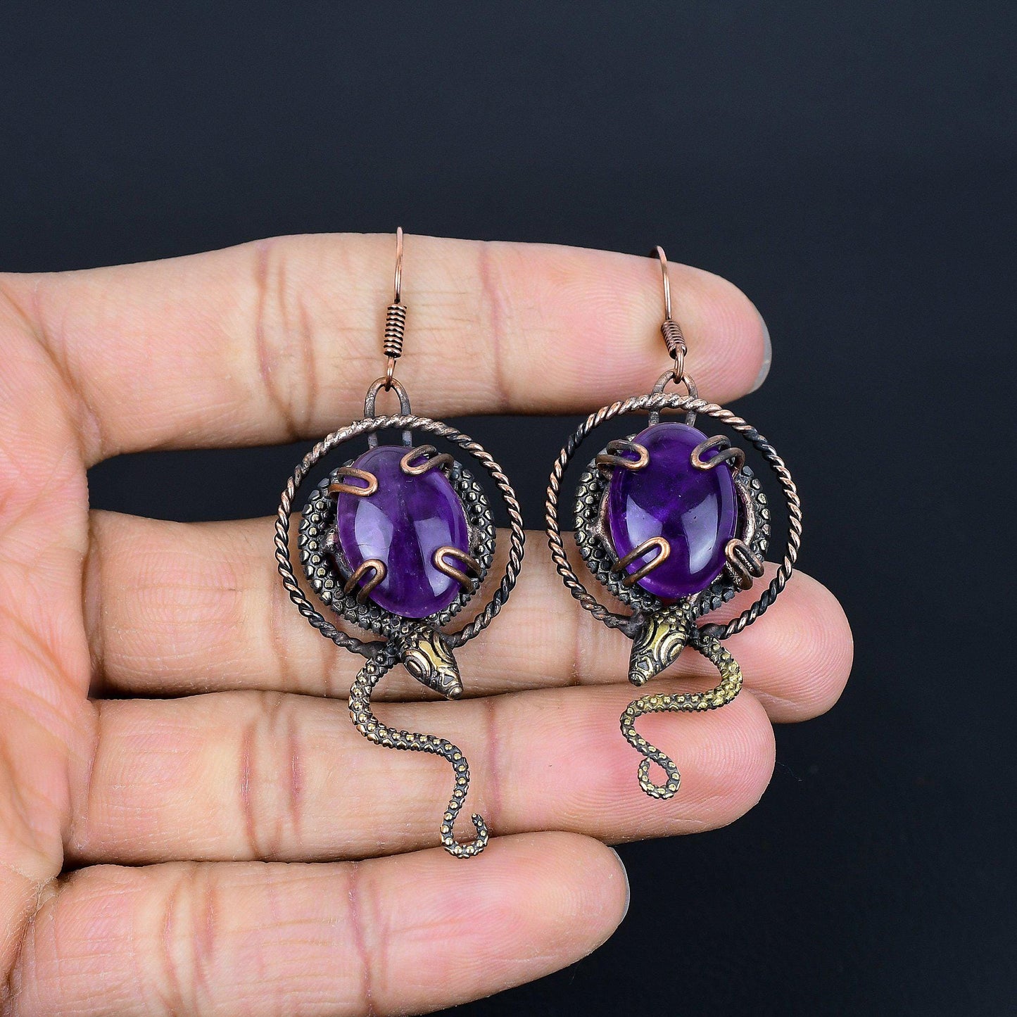 Purple Amethyst Gemstone Copper Dangle Earrings