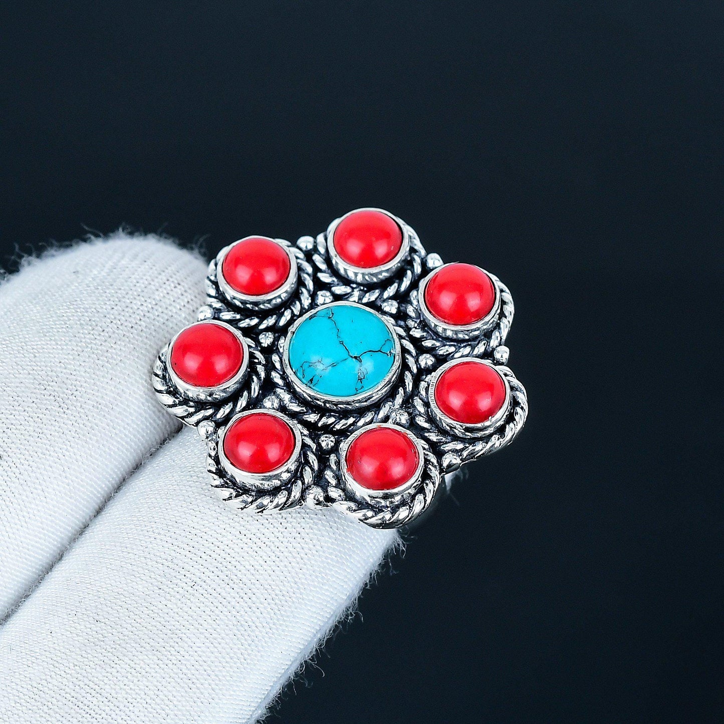 Turquoise & Red Coral 925 Sterling Silver Ring