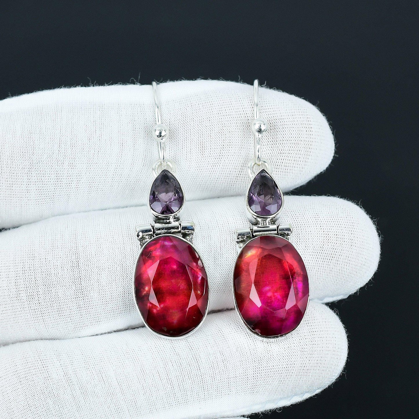 Multicolor Ammolite & Purple Amethyst Gemstone Drop Earrings