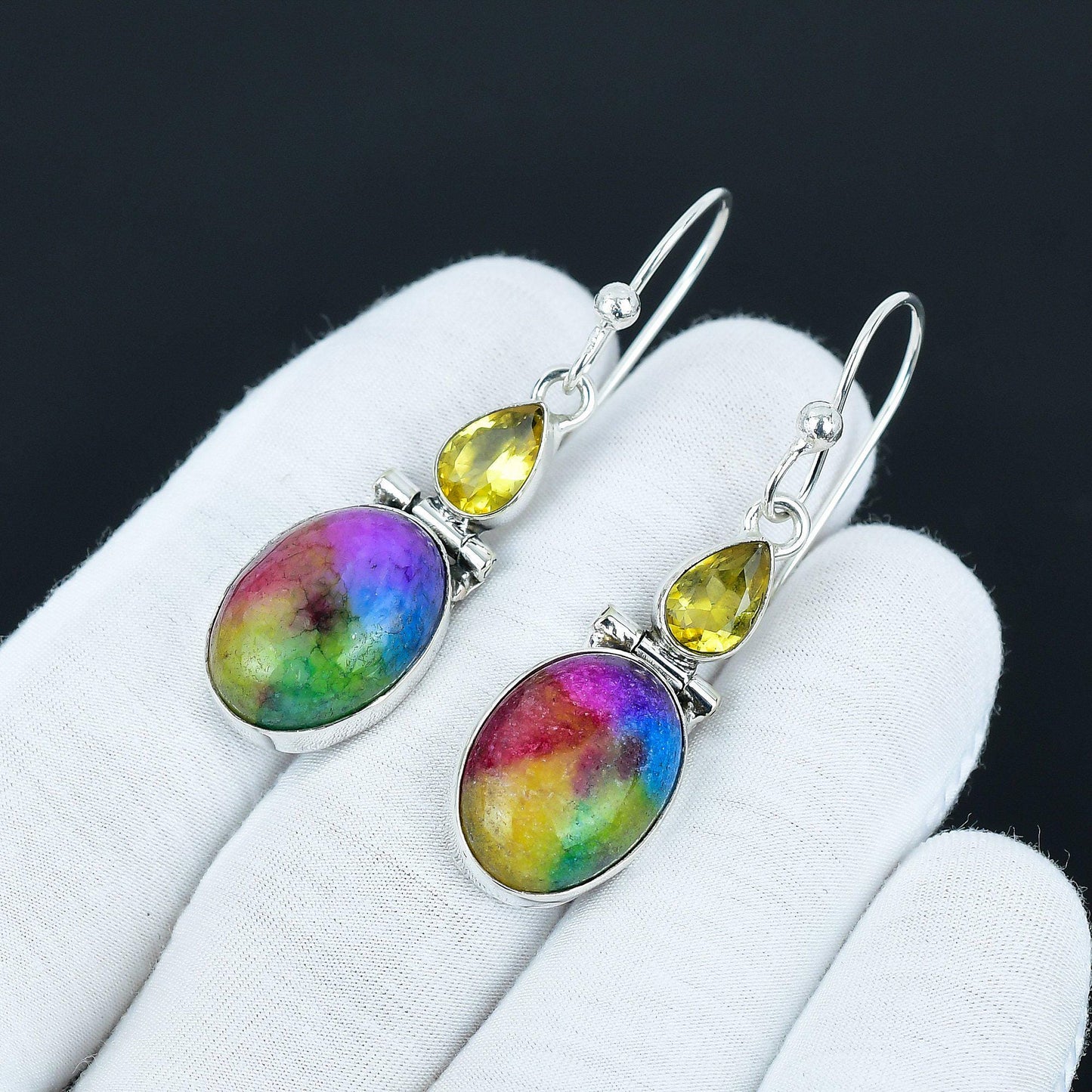 Rainbow Solar Quartz & Citrine Silver Drop Earrings