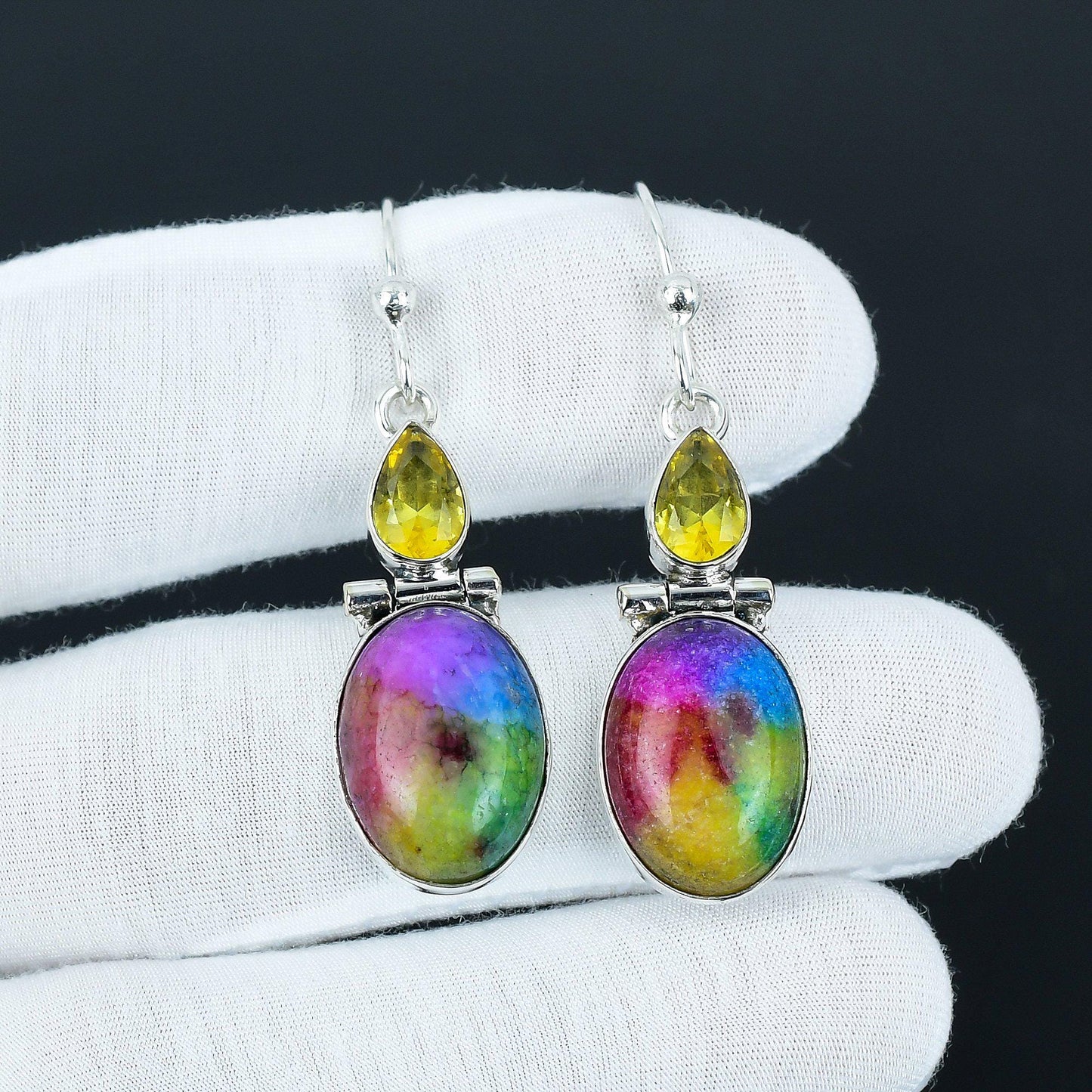 Rainbow Solar Quartz & Citrine Silver Drop Earrings