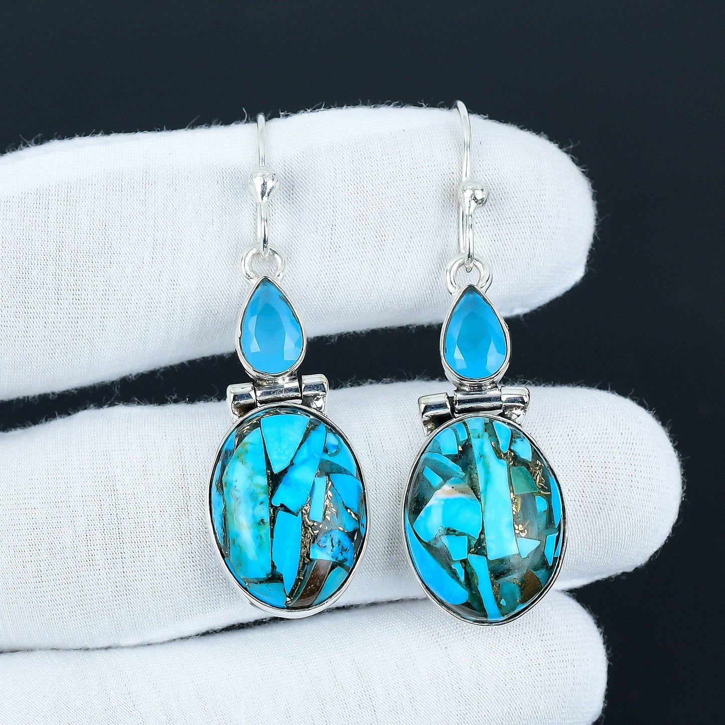 Copper Turquoise & Blue Chalcedony Silver Drop Earrings