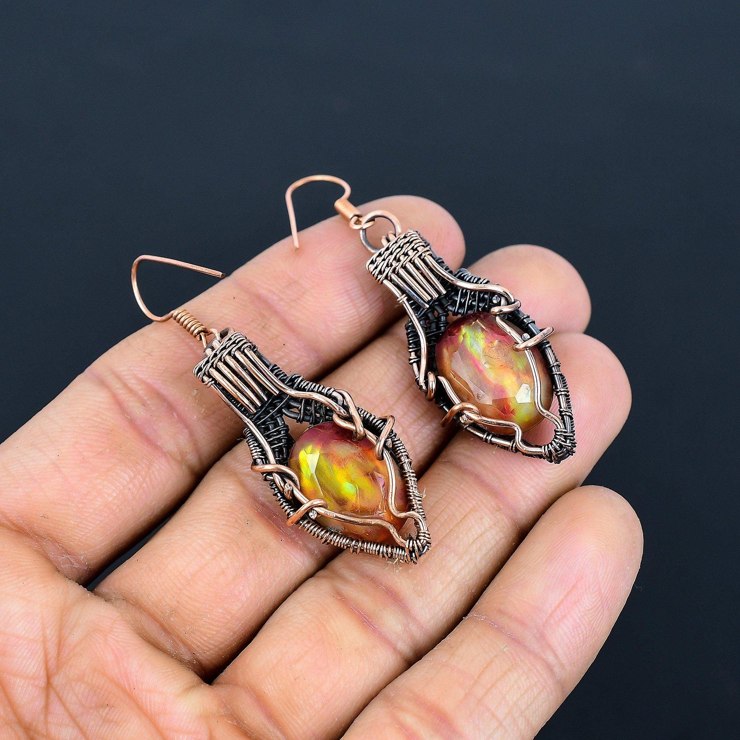 Multicolor Ammolite Gemstone Copper Wire Wrapped Dangle Earrings