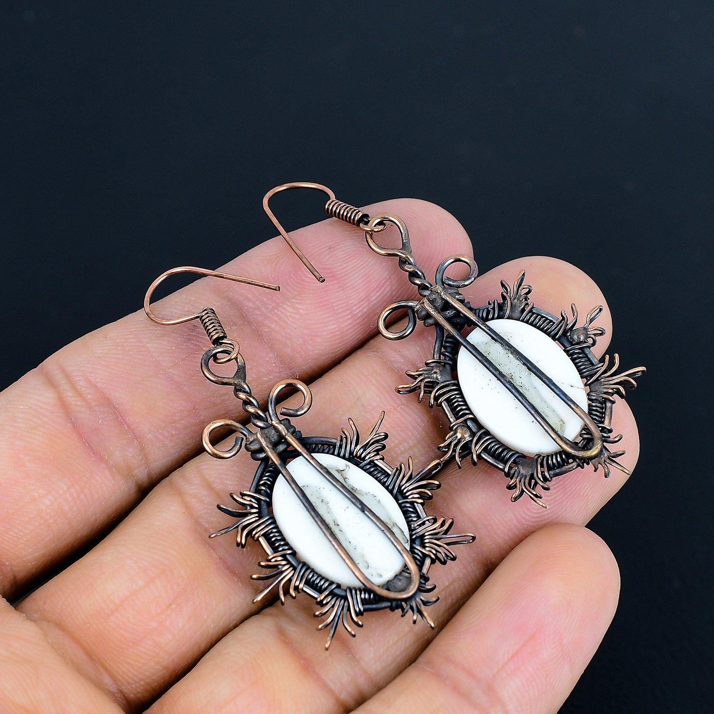 White Coral Gemstone Copper Dangle Earrings