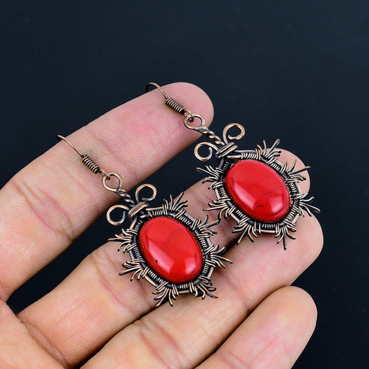 Red Coral Gemstone Copper Earrings