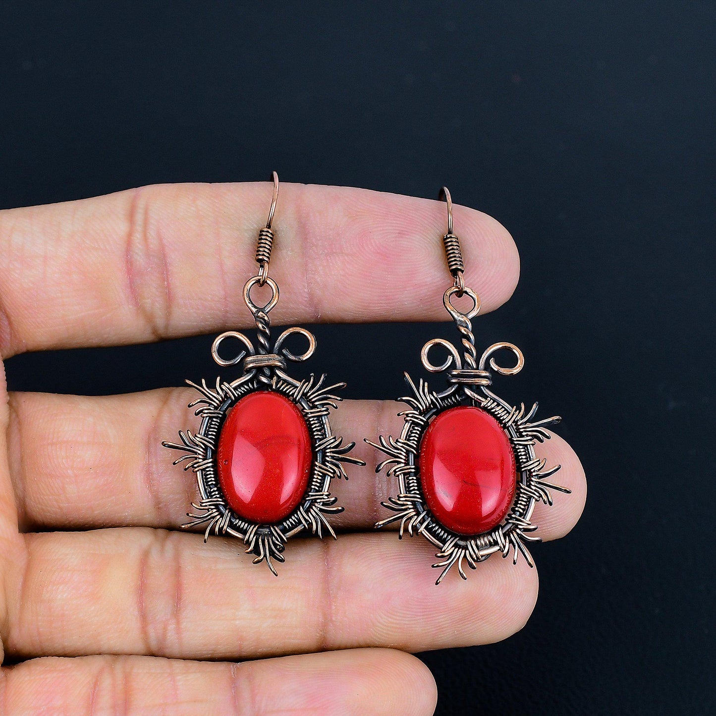 Red Coral Gemstone Copper Earrings
