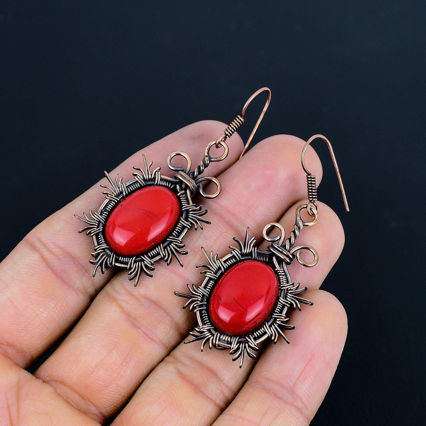 Red Coral Gemstone Copper Earrings