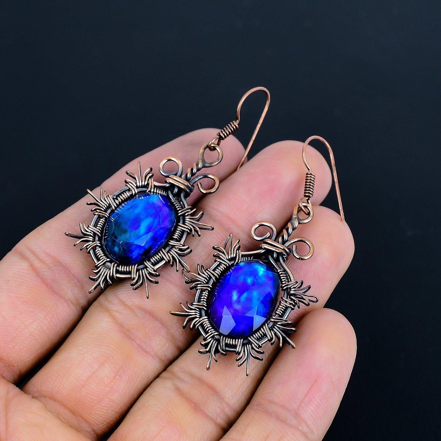 Multicolor Ammolite Gemstone Copper Wire Wrapped Earrings