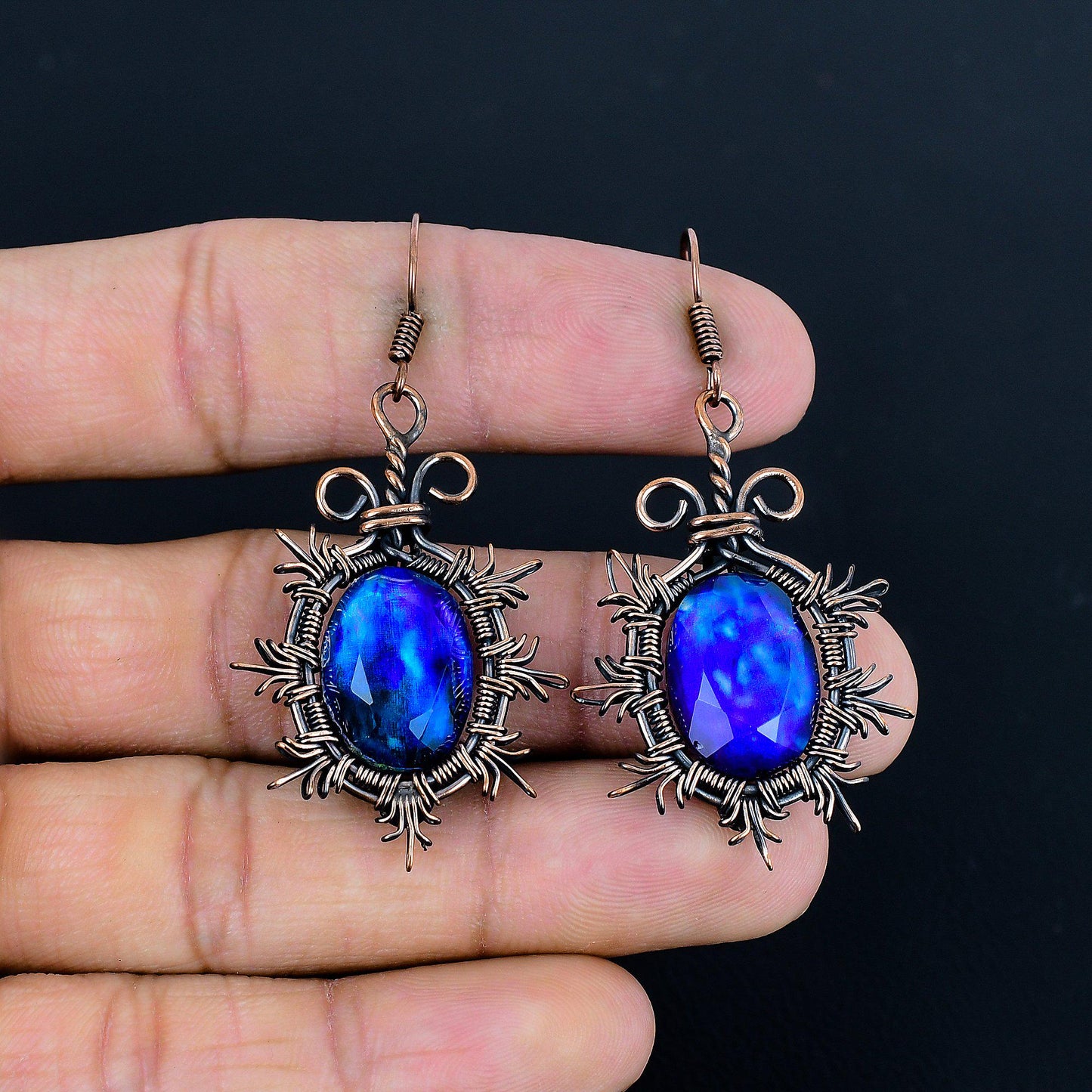 Multicolor Ammolite Gemstone Copper Wire Wrapped Earrings