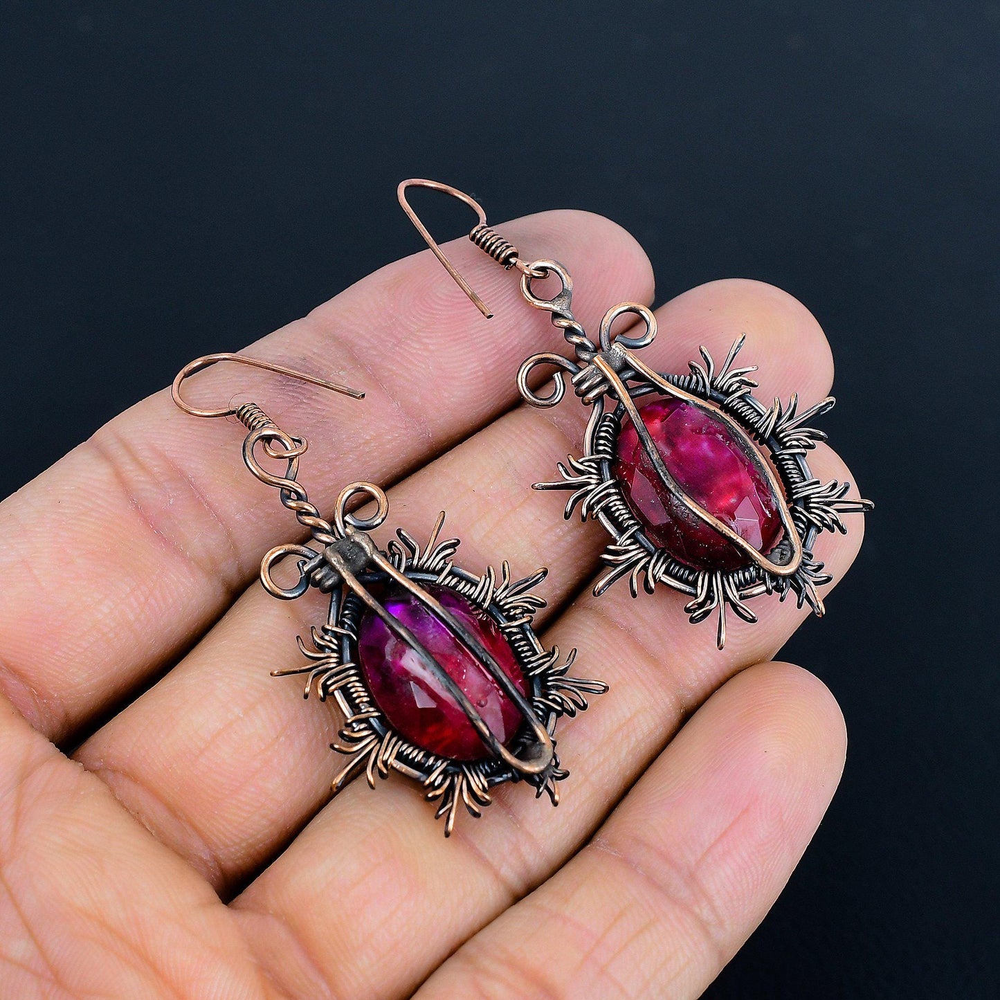 Rainbow Ammolite Gemstone Copper Dangle Earrings
