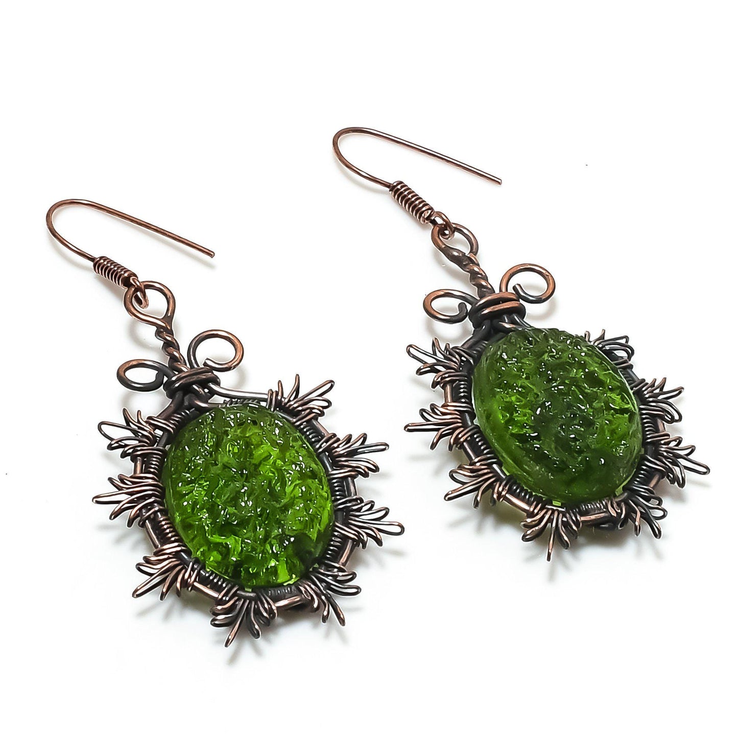 Green Moldavite Gemstone Copper Wire-Wrapped Earrings