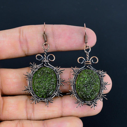Green Moldavite Gemstone Copper Wire-Wrapped Earrings