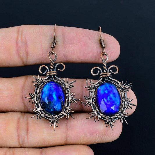 Multicolor Ammolite Gemstone Copper Wire Wrapped Earrings