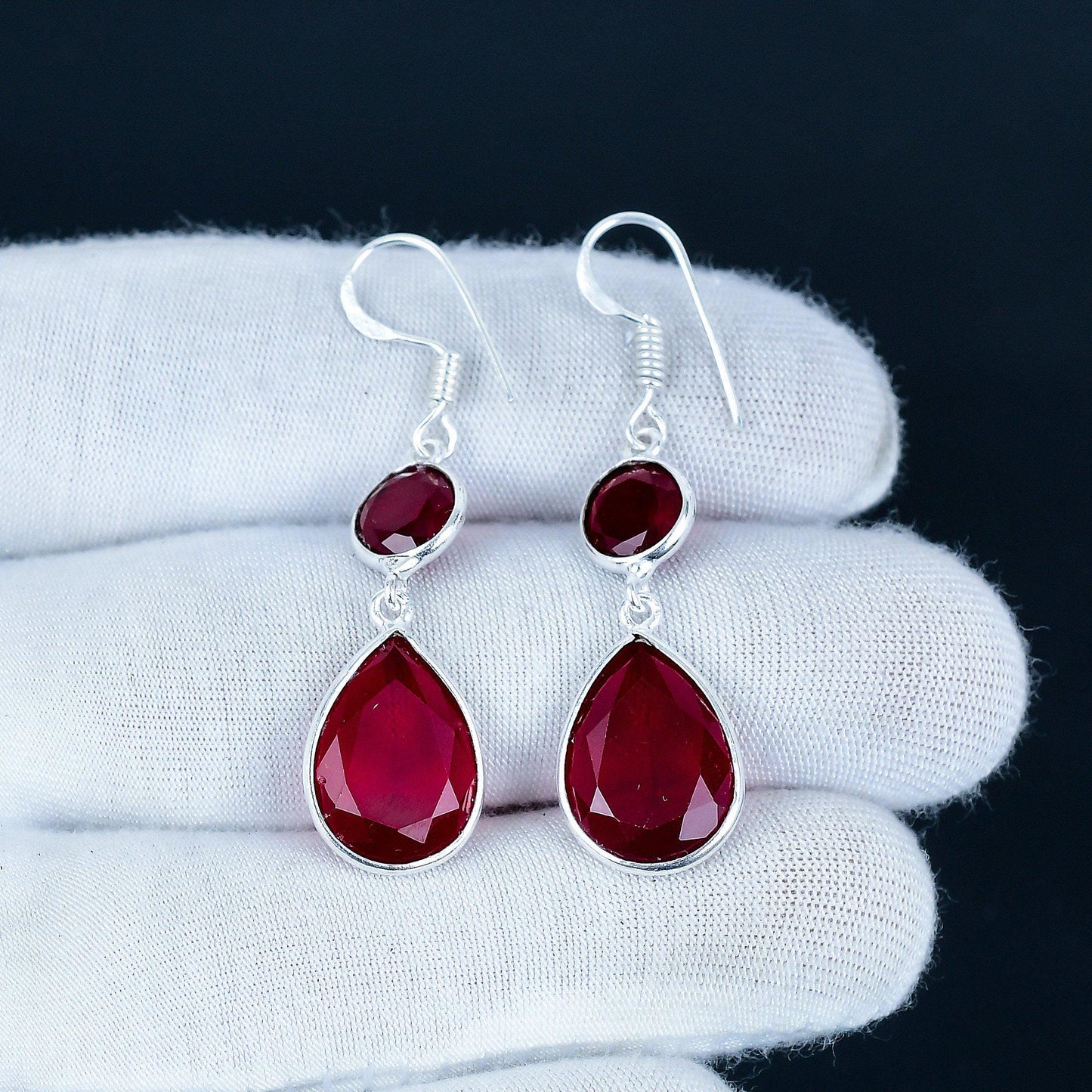 Red Ruby Cabochon Sterling Silver Earrings