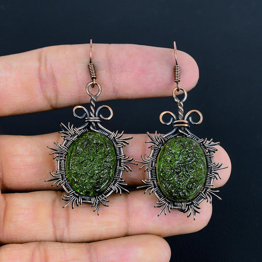 Green Moldavite Gemstone Copper Drop Earrings