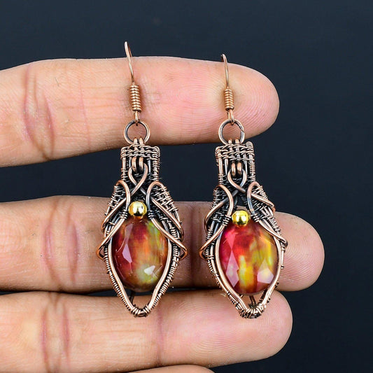 Multicolor Ammolite Gemstone Copper Wire Wrapped Dangle Earrings