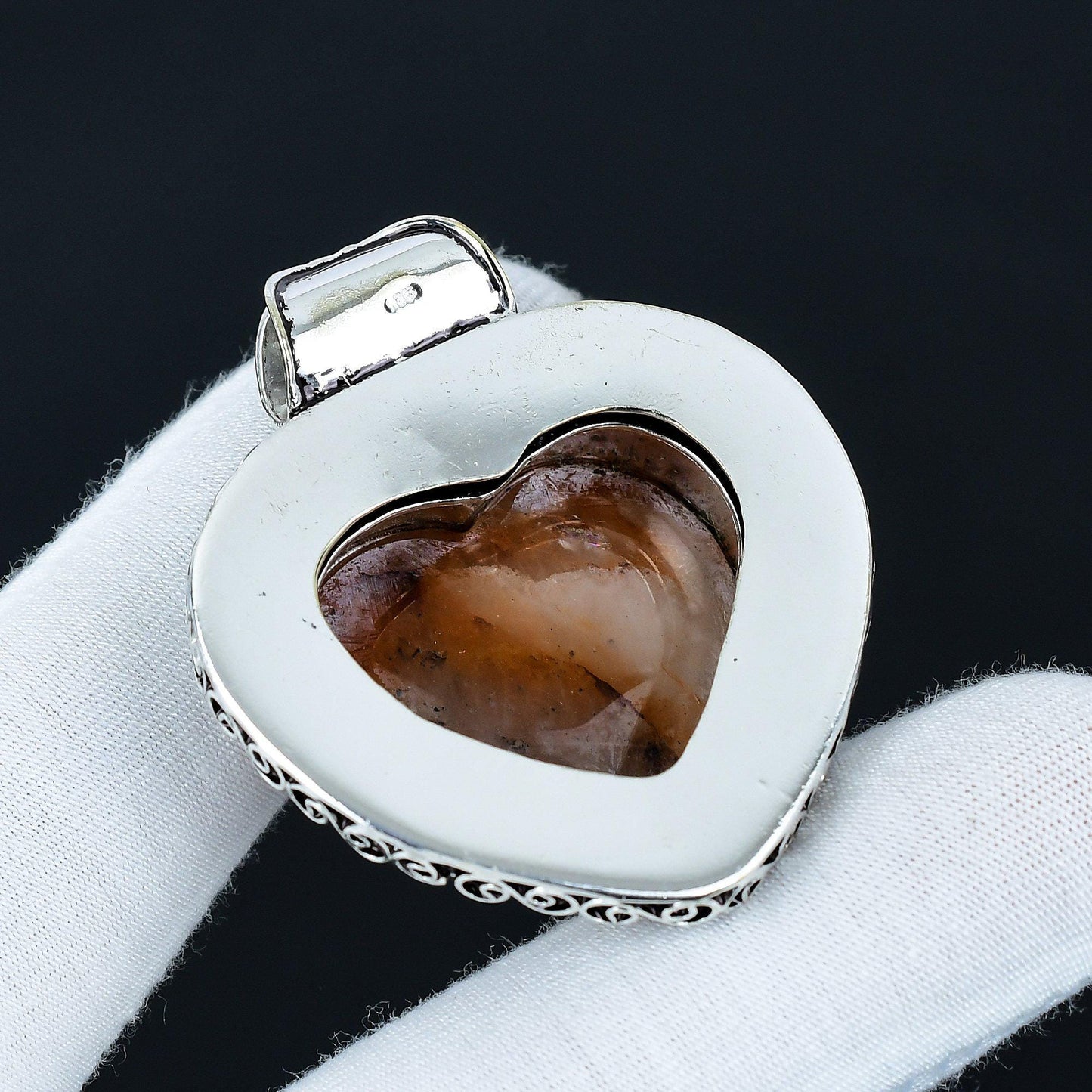 Orange Sunstone Heart Pendant in Vintage Sterling Silver Filigree