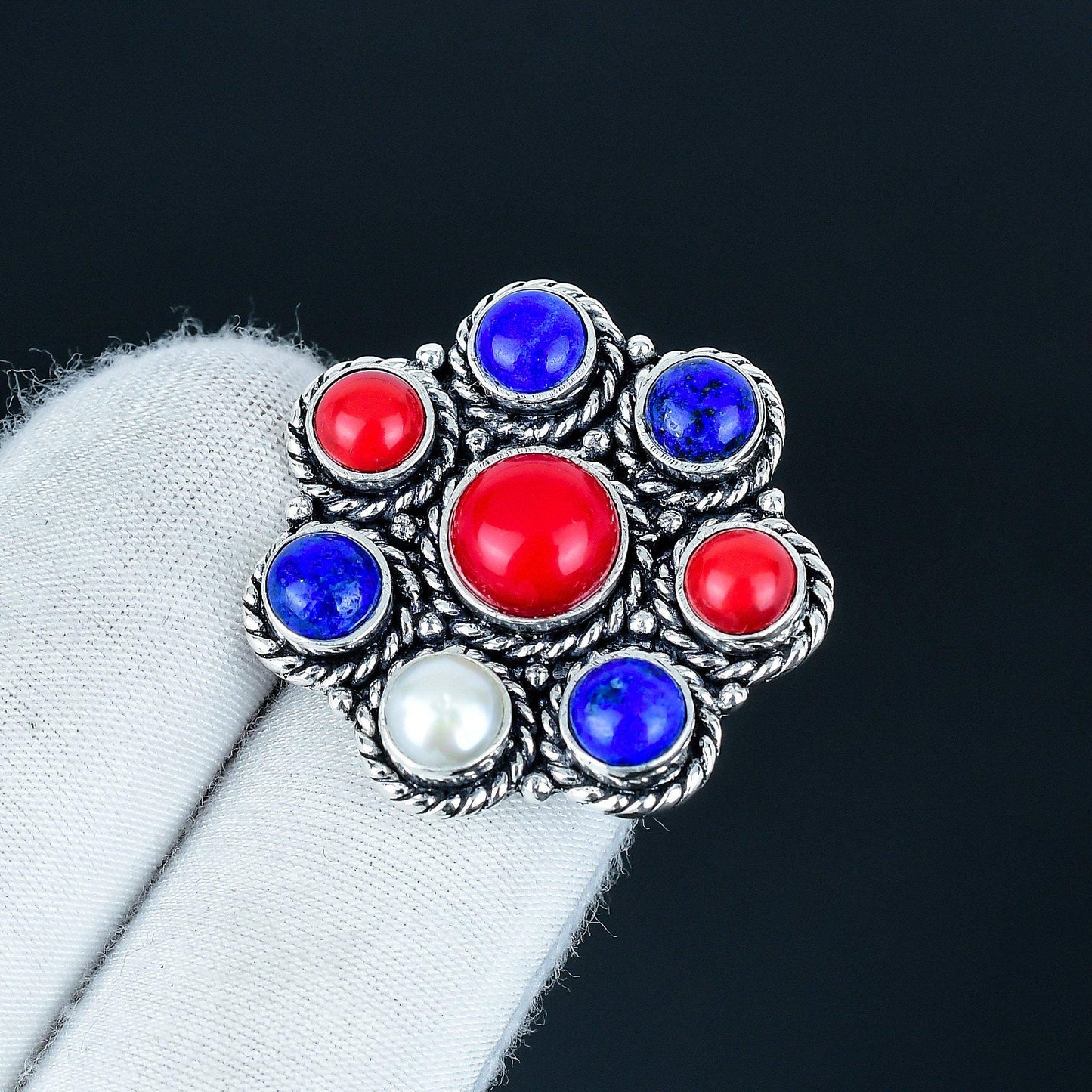 Red Coral Lapis Lazuli & Pearl Gemstone Ring