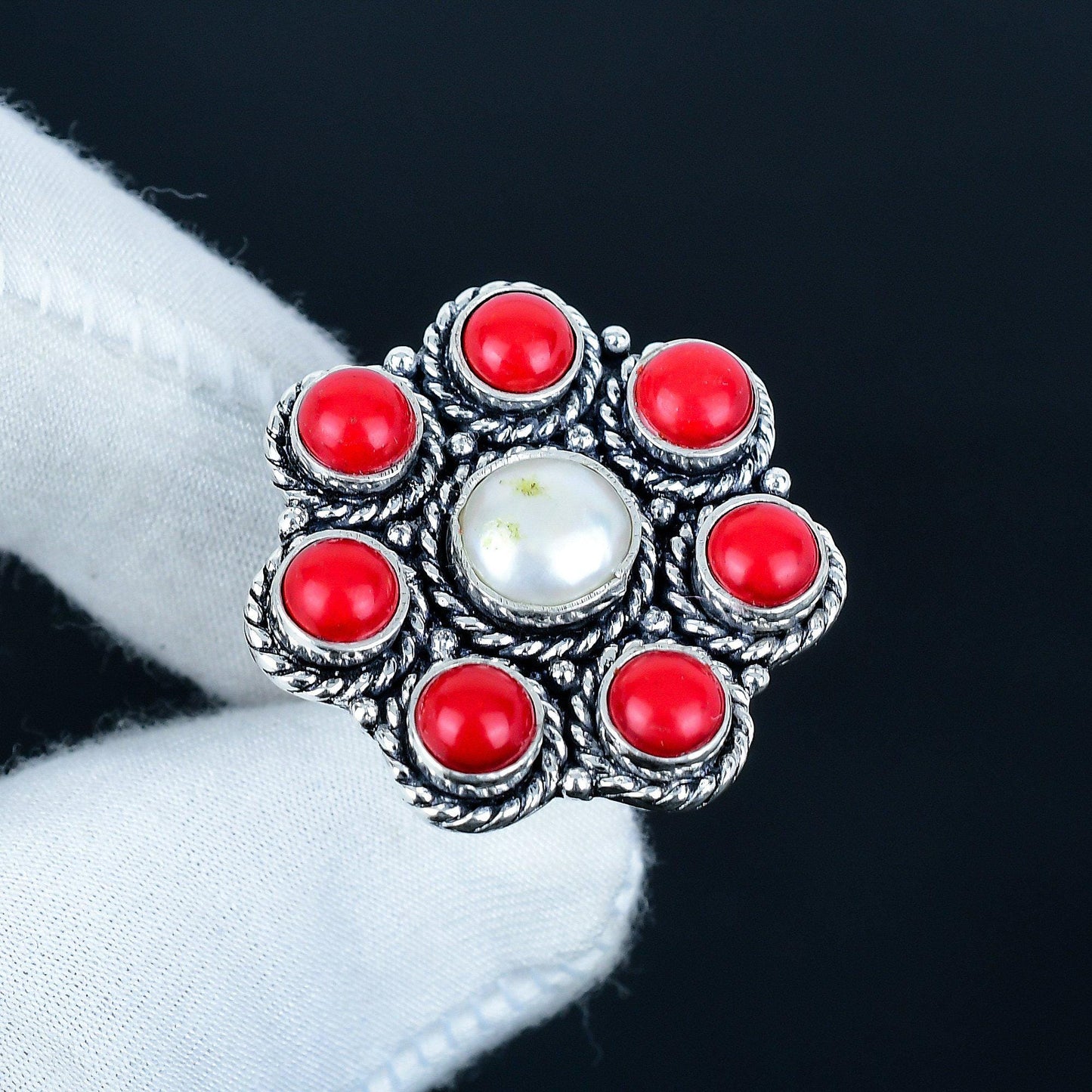 Red Coral & Pearl Sterling Silver Ring